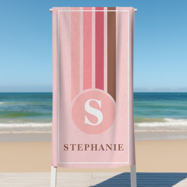 Serviette De Plage Retro Stripes rose et Brown Nom du monogramme (Créateur téléchargé)