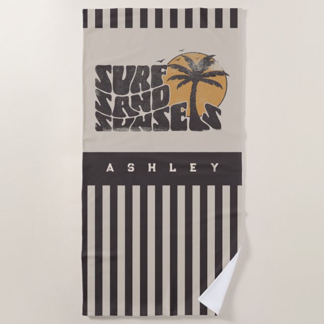 Serviette De Plage Retro Surf Sand Sunsets Beach Life Palm Tree (Devant)