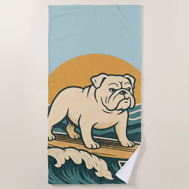 Serviette De Plage Retro Surfer Dog Blue Coastal Surfing Bulldog Art (Devant)