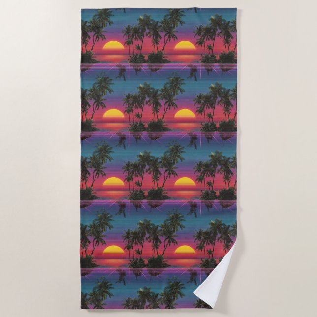 Serviette De Plage Retro Synthwave Palm Tree Sunset Pattern (Devant)