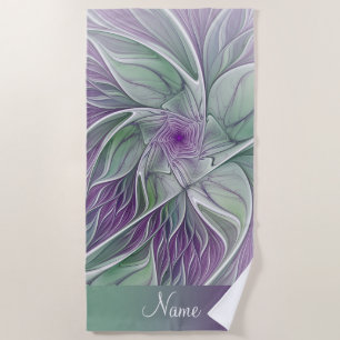 Serviette De Plage Rêve Fleur, Nom, Abstrait Violet Vert Fractal
