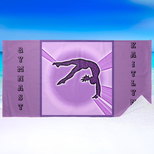 Serviette De Plage Ribbon Purple Sparkle Gymnastique Nom personnalisé (Créateur téléchargé)