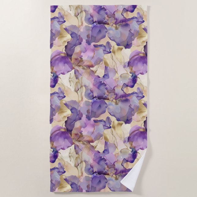 Serviette De Plage Romantique violet or Iris Floral (Devant)