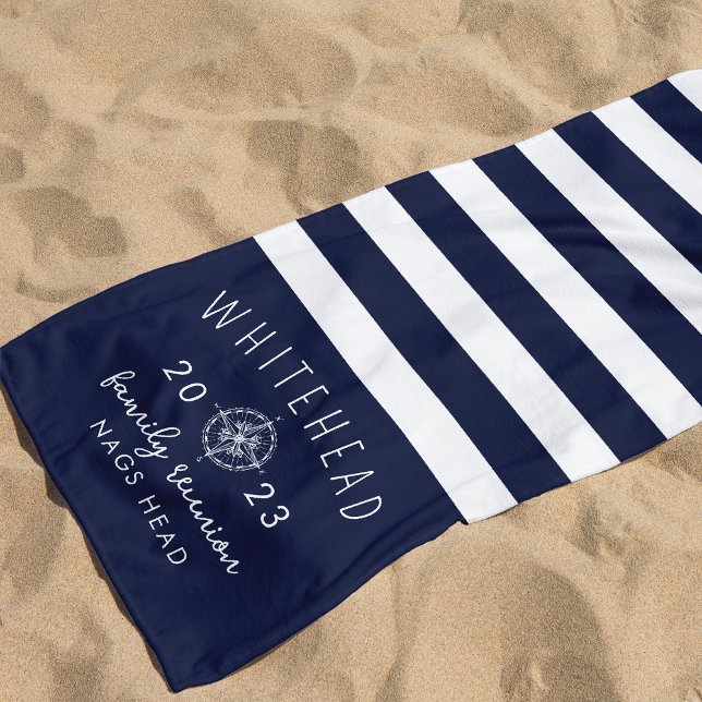 Serviette De Plage Rose de boussole nautique Bande marine Monogramme (Créateur téléchargé)