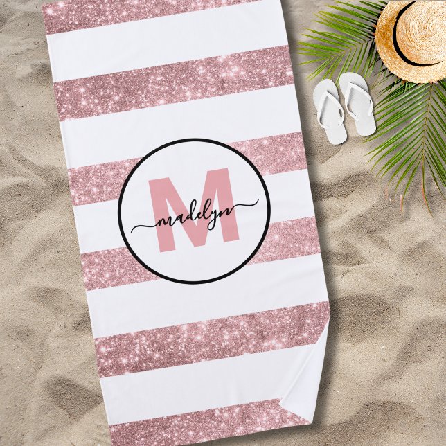 Serviette De Plage Rose Gold Blush Pink Nom de bande Monogramme (Rose Gold Blush Pink Stripe Name Monogram Beach Towel )