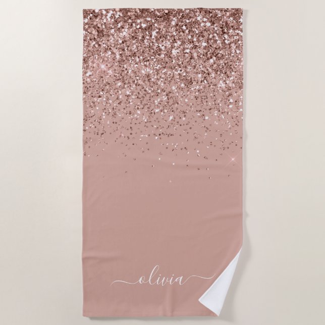Serviette De Plage Rose Gold Fard Rose Paillettes Monogramme Nom Fémi (Devant)