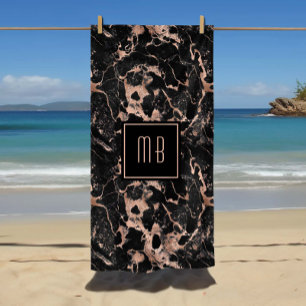 Serviette De Plage Rose Gold Noir Marbre Monogramme Élégant