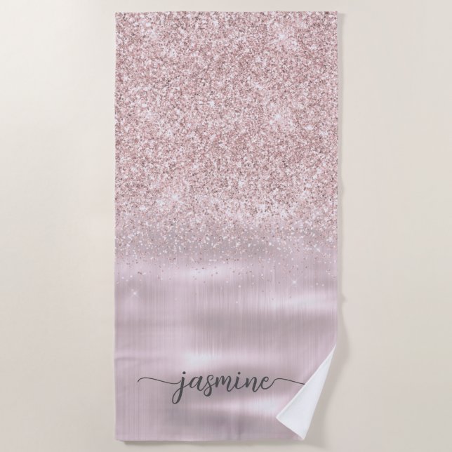 Serviette De Plage Rose Gold Parties scintillant Glam Monogramme Nom  (Devant)