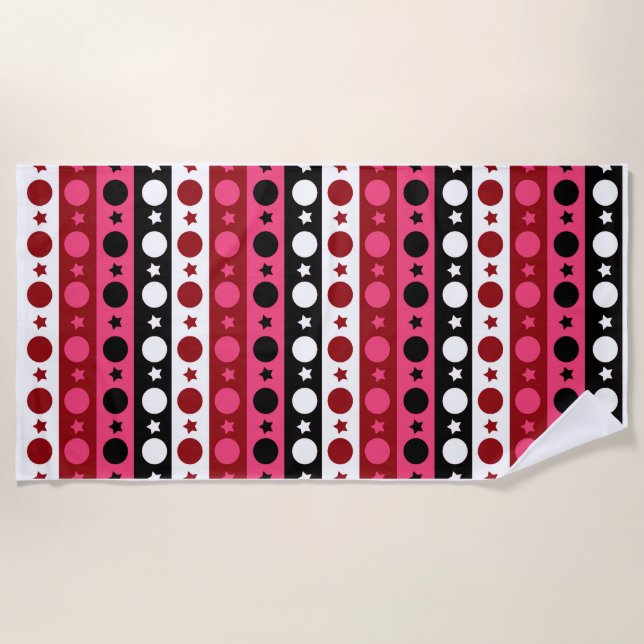 Serviette De Plage Rose noir blanc Cercle Étoiles rayures Design (Devant)