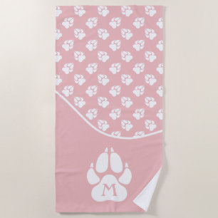 Serviette De Plage Rose Pâle & Empreintes de Pattes de Chien Blanches