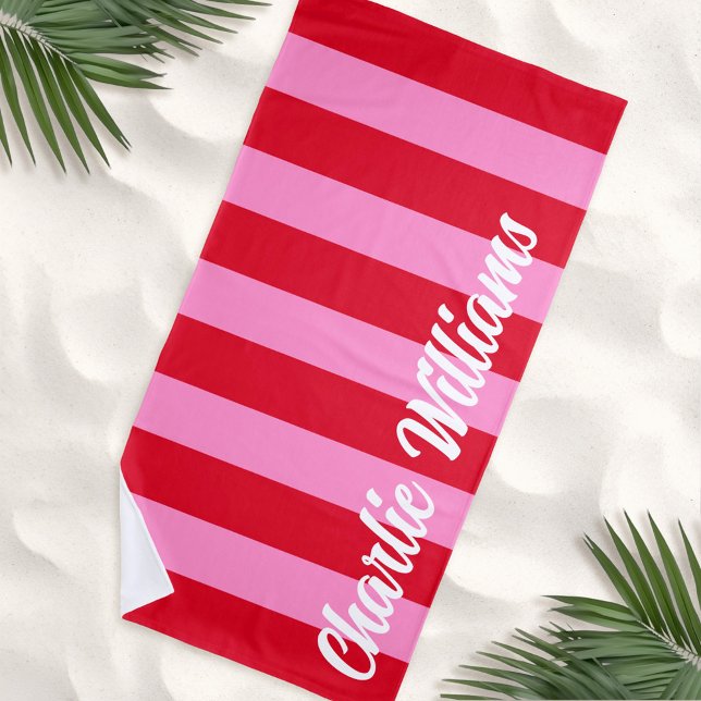 Serviette De Plage Rose rouge gras rayures horizontales nom rétro per (Pink red bold horizontal stripes custom retro name beach towel)