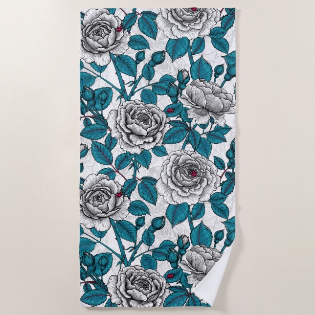 Serviette De Plage Roses blanches et coccinelles (Devant)