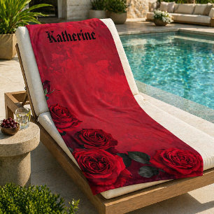 Serviette De Plage Roses Rouges Vintage Nom Personnalisé