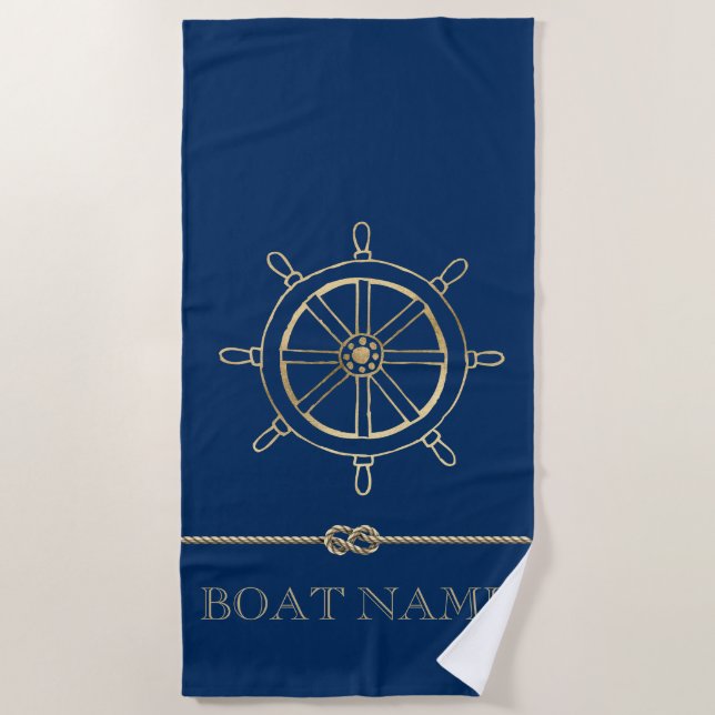 Serviette De Plage Roue de bateau en or nautique, Bleu marine (Devant)