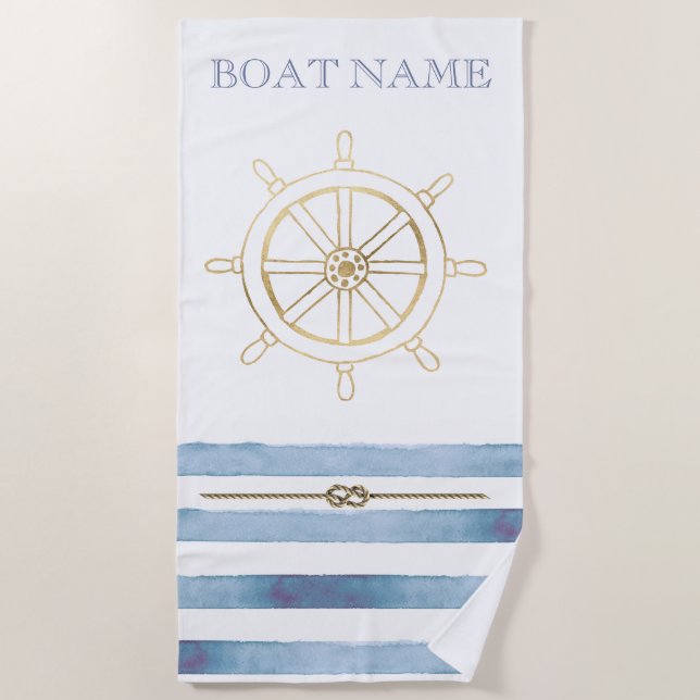 Serviette De Plage Roue nautique en or, Bleu Aquarelle (Devant)
