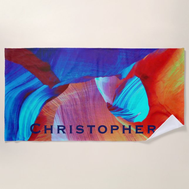 Serviette De Plage Rouge et bleu Abstrait avec nom bleu (Devant)