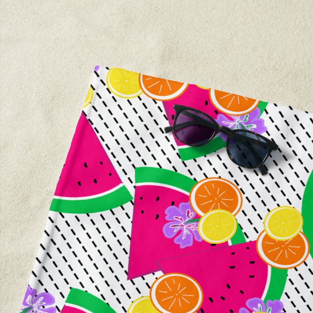 Serviette De Plage Rouge pastèque Lémons jaunes Tropical (En situation)