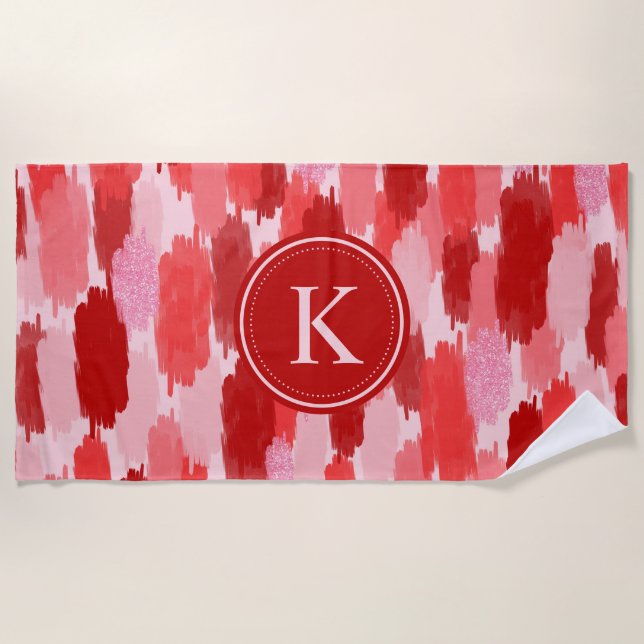 Serviette De Plage Rouge rose Abstrait brosses Motif Monogramme (Devant)