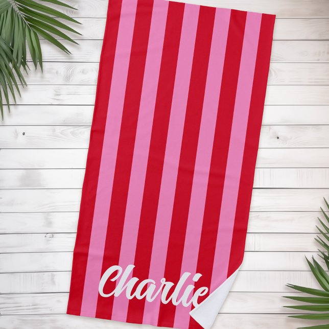 Serviette De Plage Rouge rose gras rayures personnalisées nom rétro (Pink red bold stripes custom retro name beach towel)
