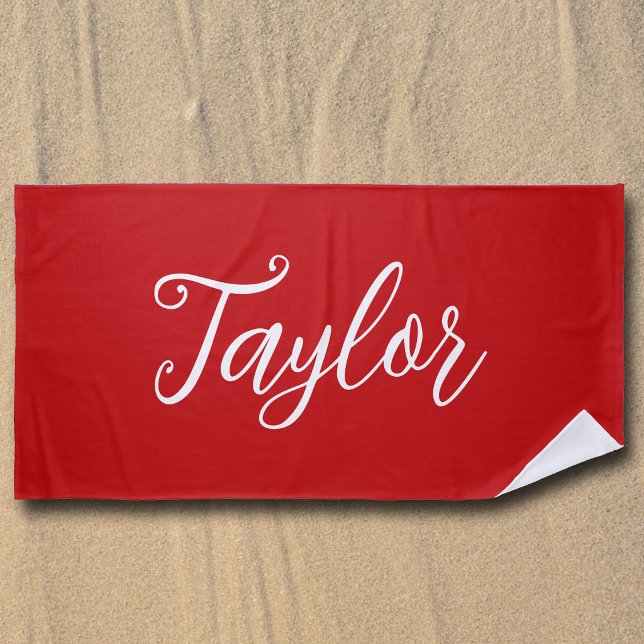 Serviette De Plage Rouge vif chic personnalisé écriture manuscrite (Créateur téléchargé)