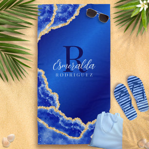 Serviette De Plage Royal Blue et or Elegant Agate Monogrammé