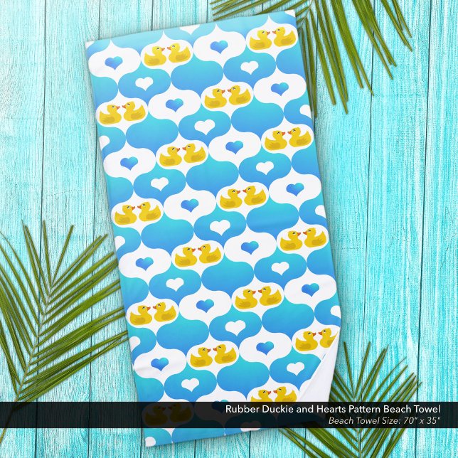 Serviette De Plage Rubber Duckie et Coeurs Jaune et Bleu (Rubber Duckie and Hearts Yellow and Blue Beach Towel)