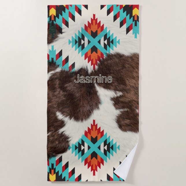 Serviette De Plage Rustique Boho Sud Ouest Turquoise Cowhide (Devant)