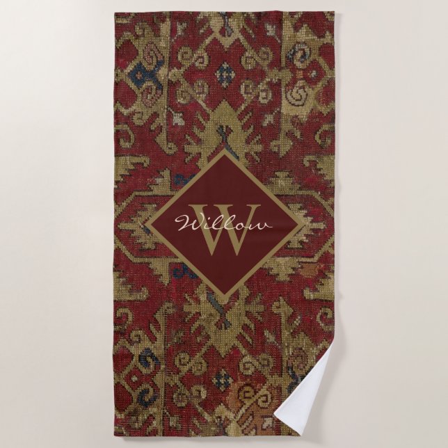 Serviette De Plage Rustique Monogramme Oriental Perse Motif rouge (Devant)