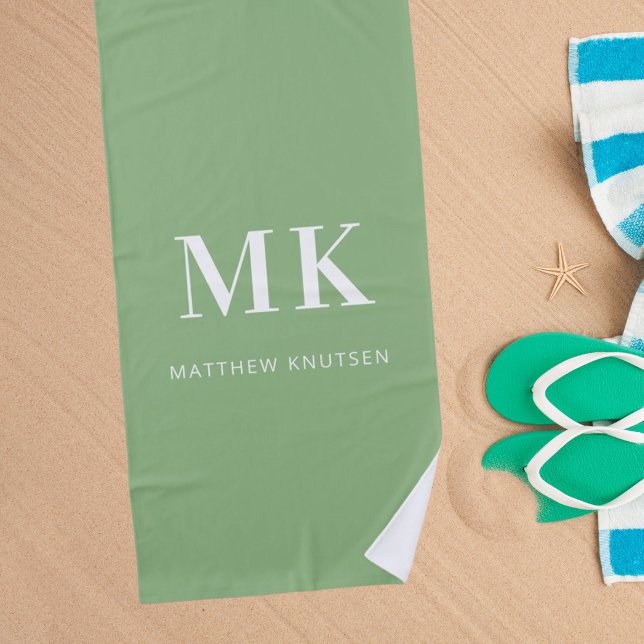 Serviette De Plage Sage vert blanc nom monogramme initiales (Créateur téléchargé)