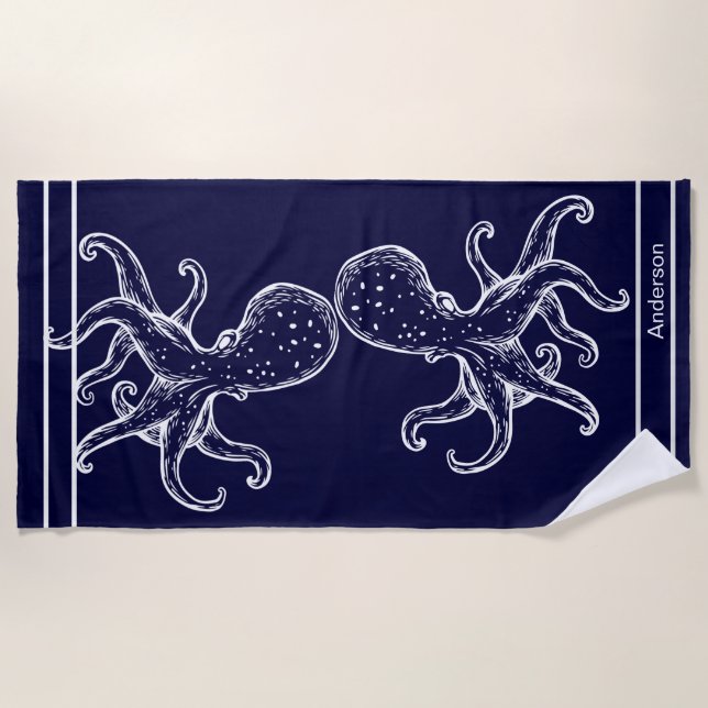 Serviette De Plage Salle de bain nautique Ocean Navy Bleu Octopus Bai (Devant)