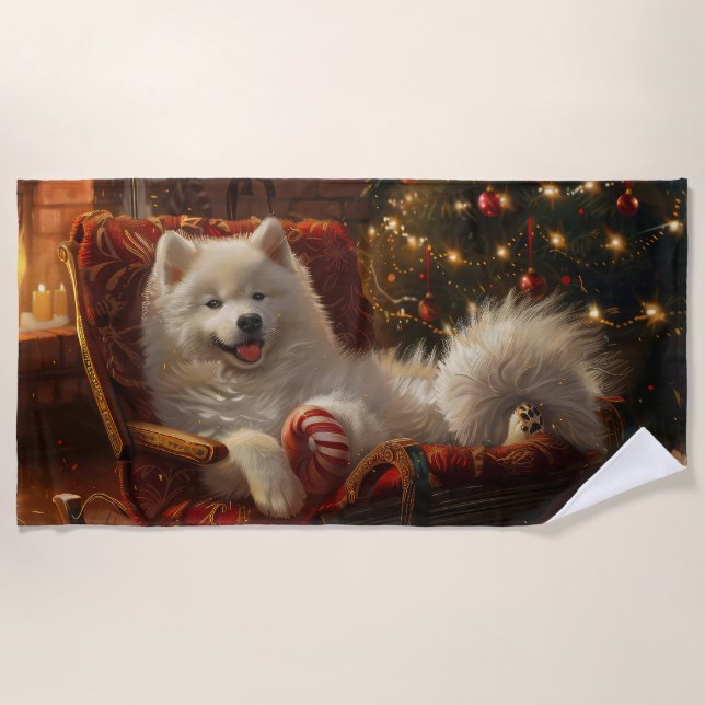 Serviette De Plage Samoyed Chien Festive de Noël (Devant)