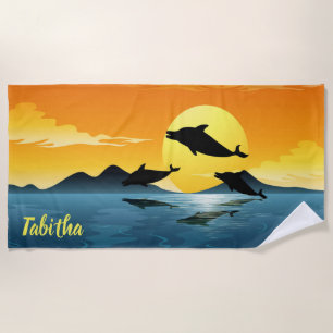 Serviette De Plage Sauter les dauphins au coucher du soleil 