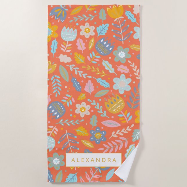 Serviette De Plage Scandinavie Folk Floral Motif en orange (Devant)