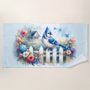 Serviette De Plage Scène de clôture de jardin de cottage Blue Jay