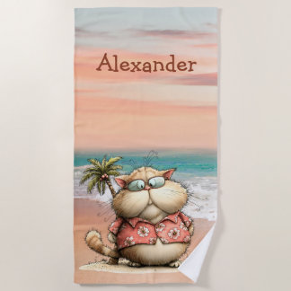 Serviette De Plage Scène de plage de chat fantaisiste personnelle