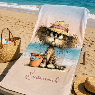 Serviette De Plage Scène de plage de chat fantaisiste personnelle