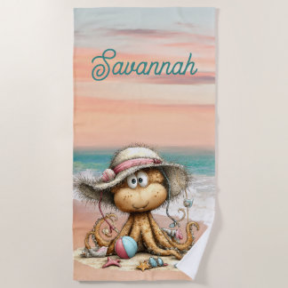 Serviette De Plage Scène de plage de pieuvre fantaisiste personnelle