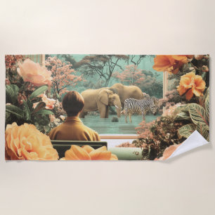 Serviette De Plage Scène de safari surréaliste avec éléphants zèbres
