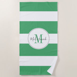 Serviette De Plage Script moderne blanc rayé vert personnalisé