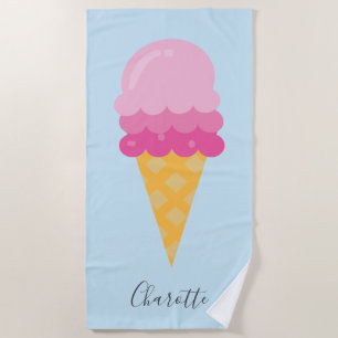 Serviette De Plage Script monogramme bleu crème glacé rose