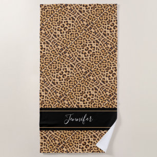 Serviette De Plage Script noir Empreinte de léopard chic personnalisé
