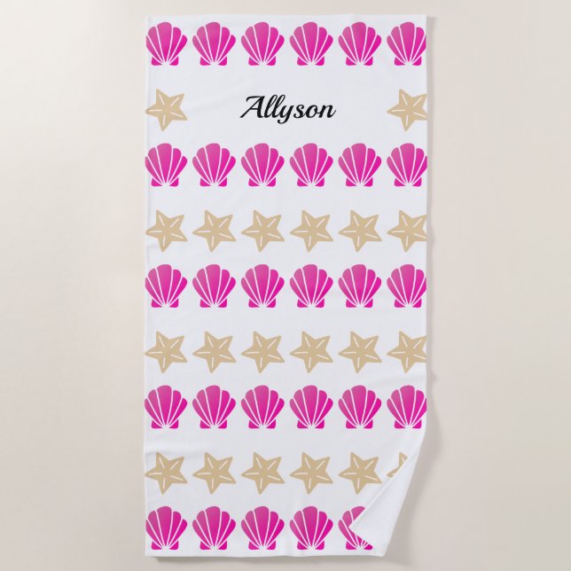 Serviette De Plage Sea Shells & Starfish, Nom du script noir (Devant)