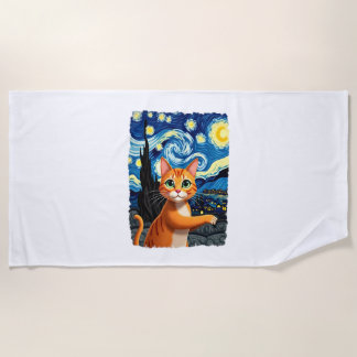Serviette De Plage Selfie de chat orange La nuit étoilée Maman chat A