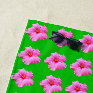 Serviette De Plage "Sérénité pétale : Hibiscus rose sur toile verte