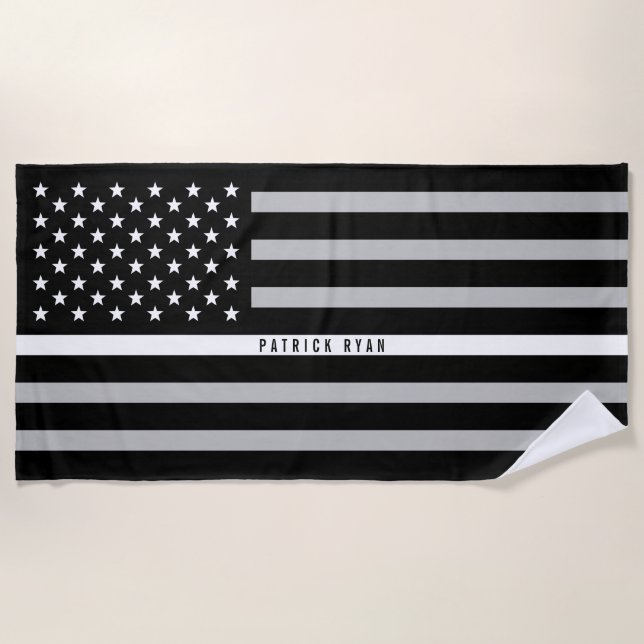 Serviette De Plage SGE Mince White Line American Flag Monogramme (Devant)