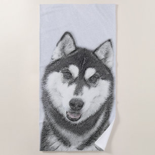 Serviette De Plage Sibérie Husky (noir et blanc) Peinture Chien Art