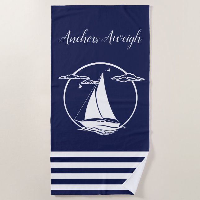 Serviette De Plage silhouette/ancrages de voilier blanc marine (Devant)