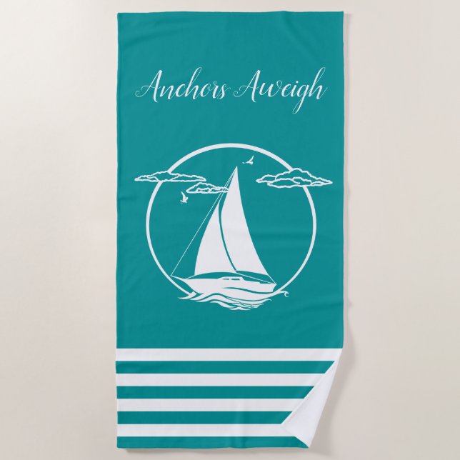 Serviette De Plage Silhouette/ancrages du voilier blanc marine (Devant)