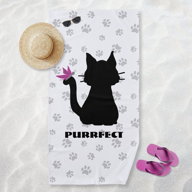 Serviette De Plage Silhouette de chat noir Papillon rose sur la queue (Black Cat Silhouette Pink Butterfly on Tail & Paws Beach Towel)