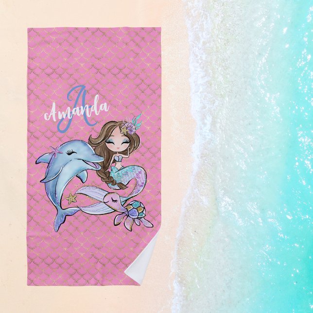 Serviette De Plage Sirène à cheveux Brown foncé Nom personnalisé Fill (Dark Brown Hair Mermaid Custom Name Girl Pink Beach Towel
)